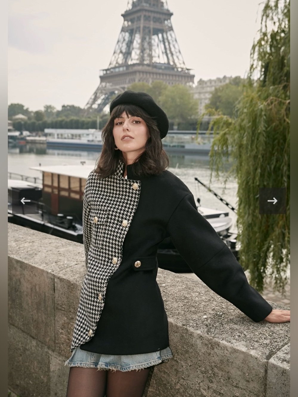byQUAINT 100% Wool Asymmetric Houndstooth Coat XS/S Black White Gold Buttons 32